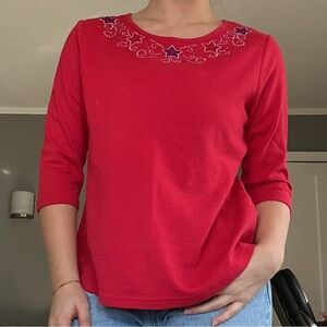 Indigo Soul Red Quarter Length Sleeve Top w/ Blue & Silver Jewel Star Embroidery